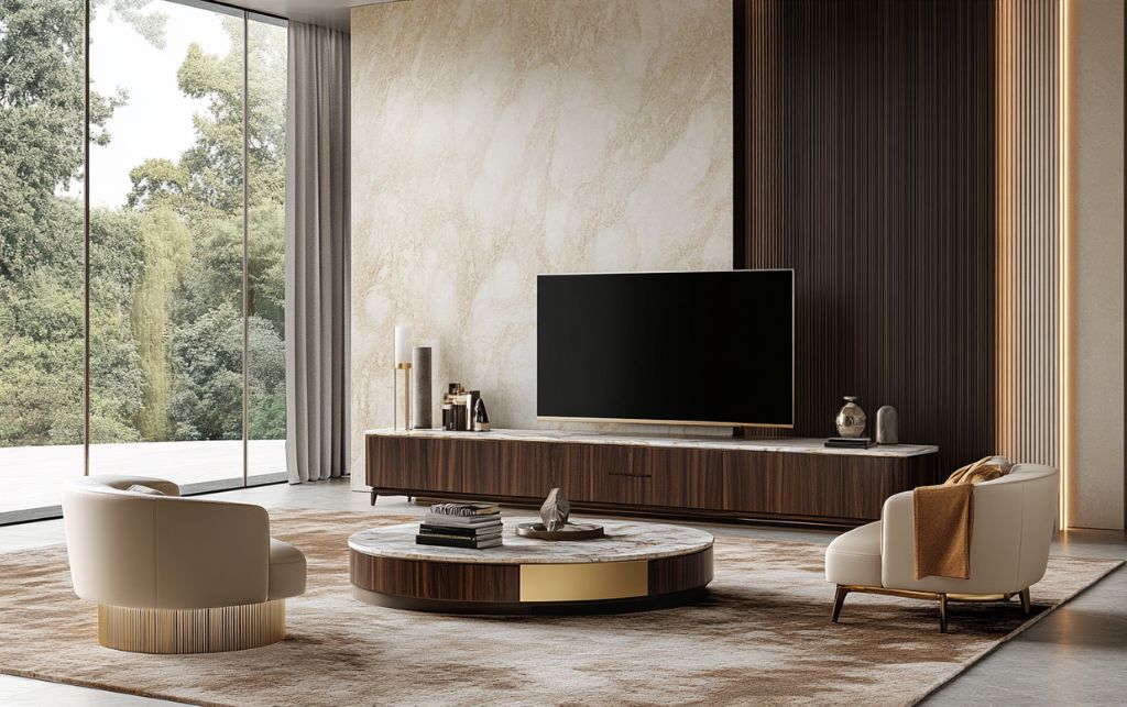 Various luxury materials for TV units including timber veneer, lacquer, and natural stone